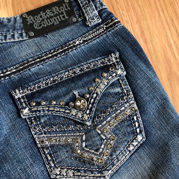 Rock & Roll Cowgirl Mid Rise Bootcut Jeans Dark Denim Embroidery - Picture 1 of 9